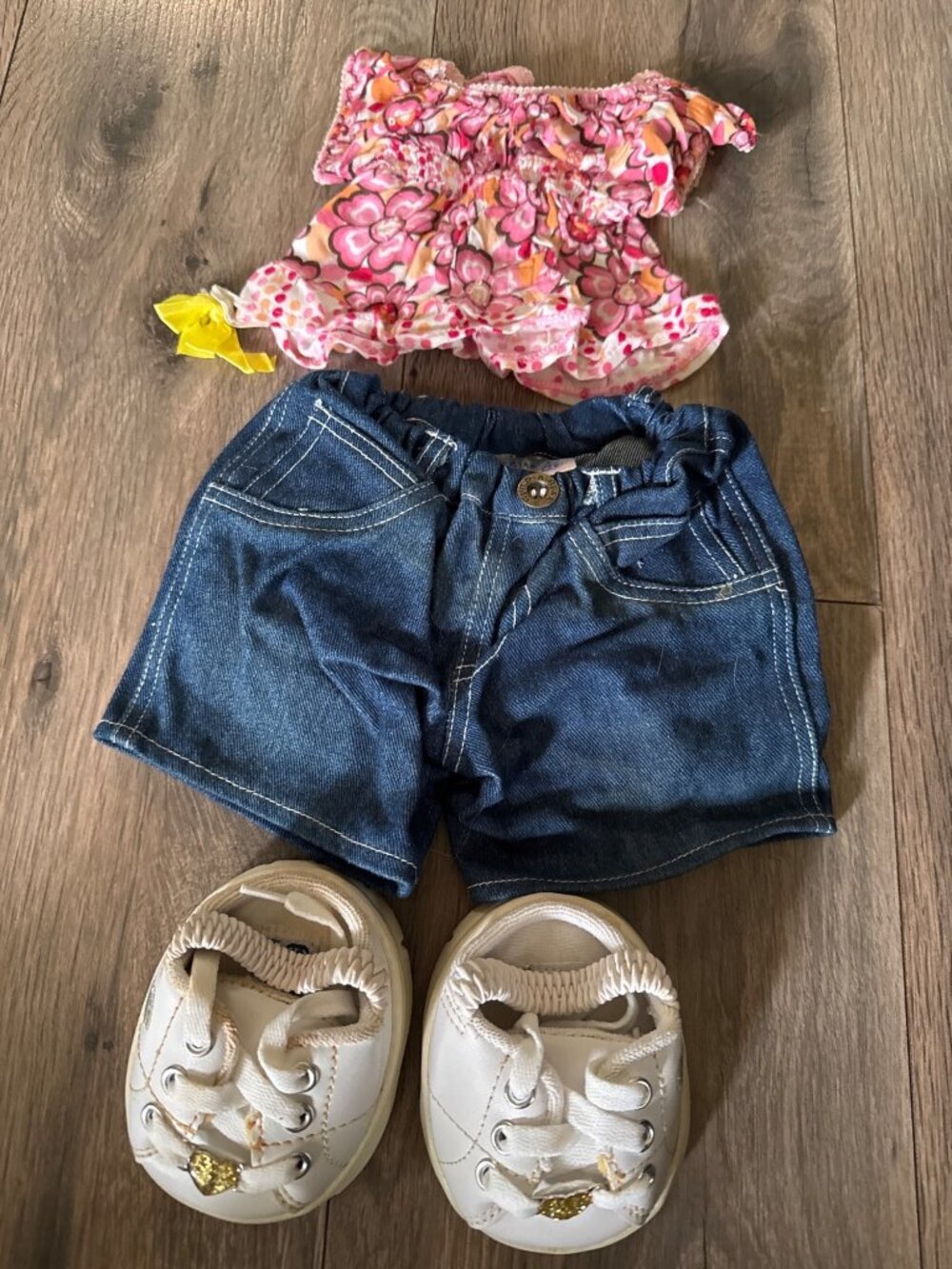 Build-A-Bear Workshop Doll Outfit Set With Pink Floral Top Denim Shorts & White